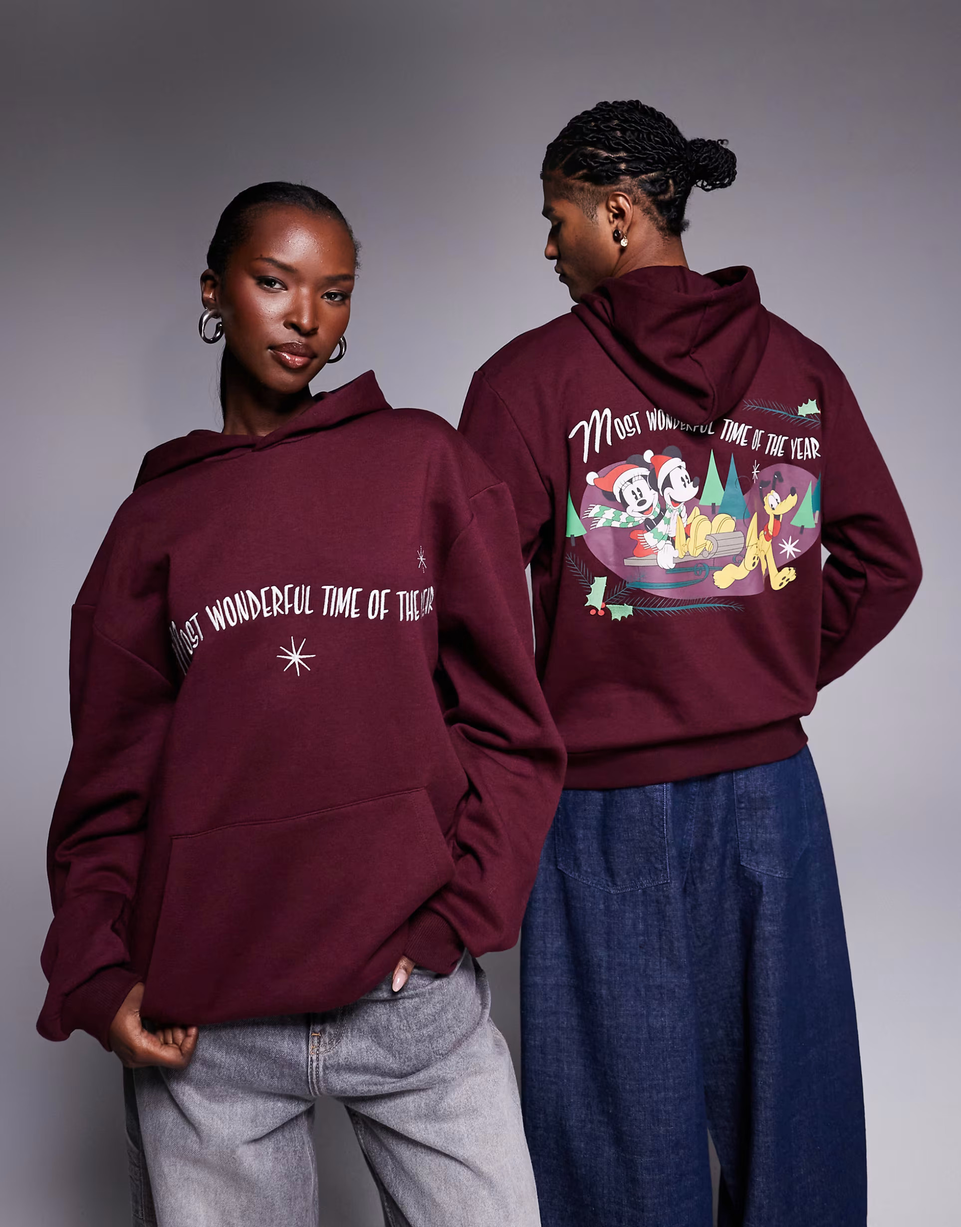 ASOS DESIGN Disney Christmas unisex relaxed hoodie with Mickey & friends prints in dark burgundy ... | ASOS (Global)