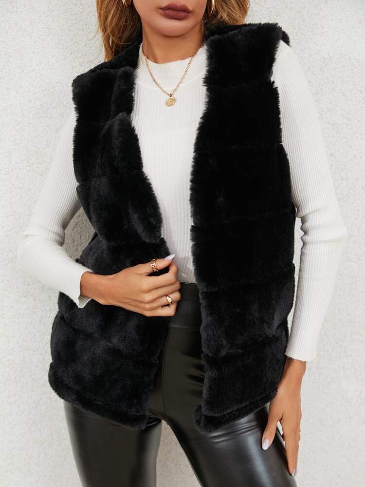 Open Front Fuzzy Vest Coat | SHEIN