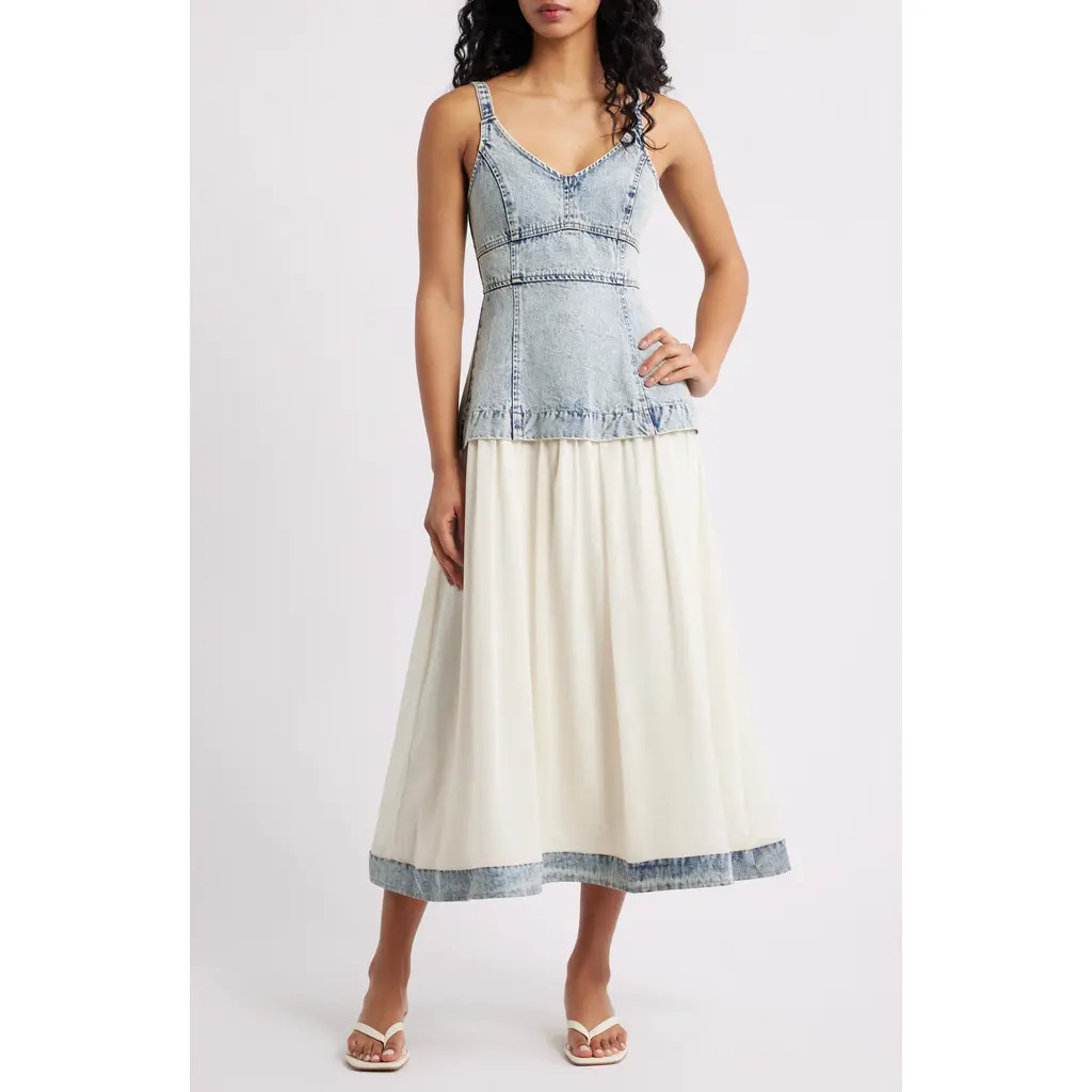 MOON RIVER Sleeveless Mixed Media Denim Dress in Denim Blue at Nordstrom Rack, Size Small | Nordstrom Rack