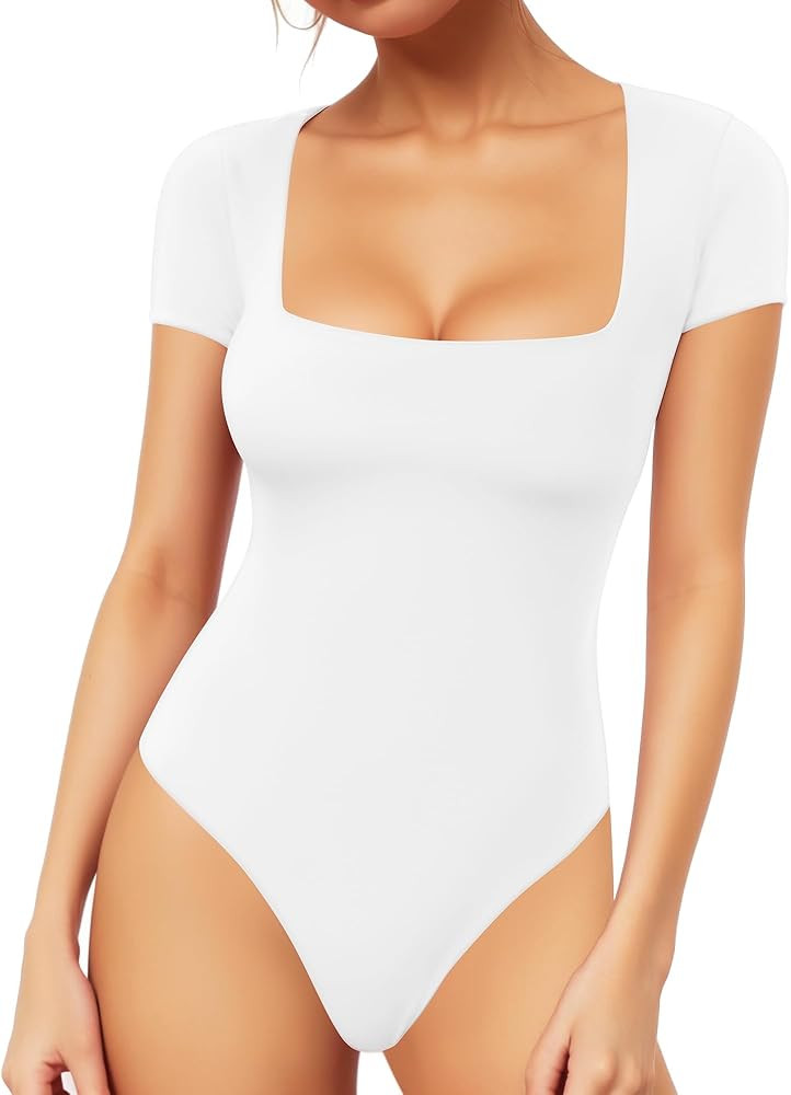 MANGOPOP Women's Square Neck Bodysuit Short Sleeve Shirt Tops | Amazon (US)