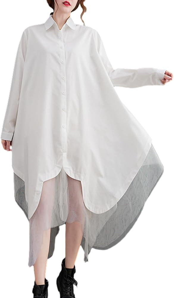 ellazhu Women's Casual Solid Long Sleeve Irregular Tulle Shirt Dress GZ45 | Amazon (US)
