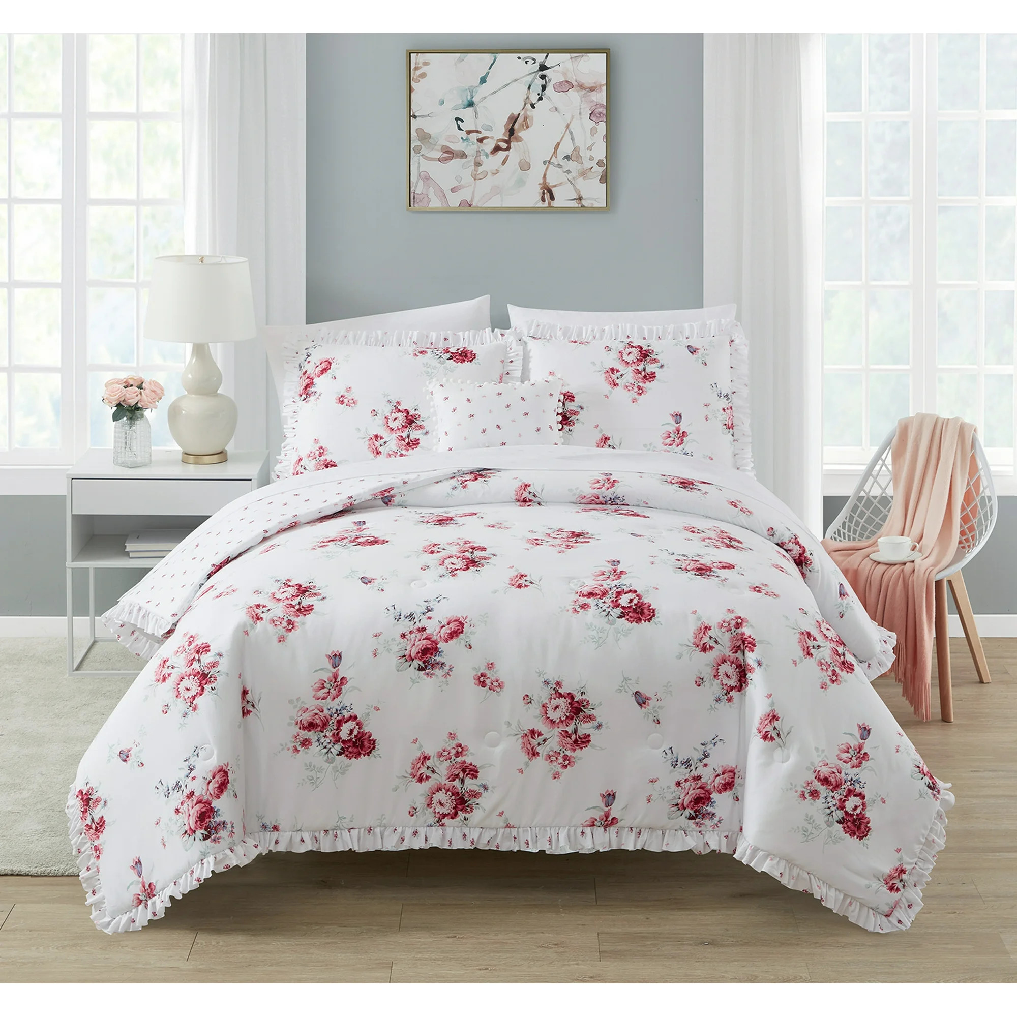 Simply Shabby Chic Microfiber Reversible Sunbleached Floral Bedding Set, Twin, White, 4-Pieces | Walmart (US)