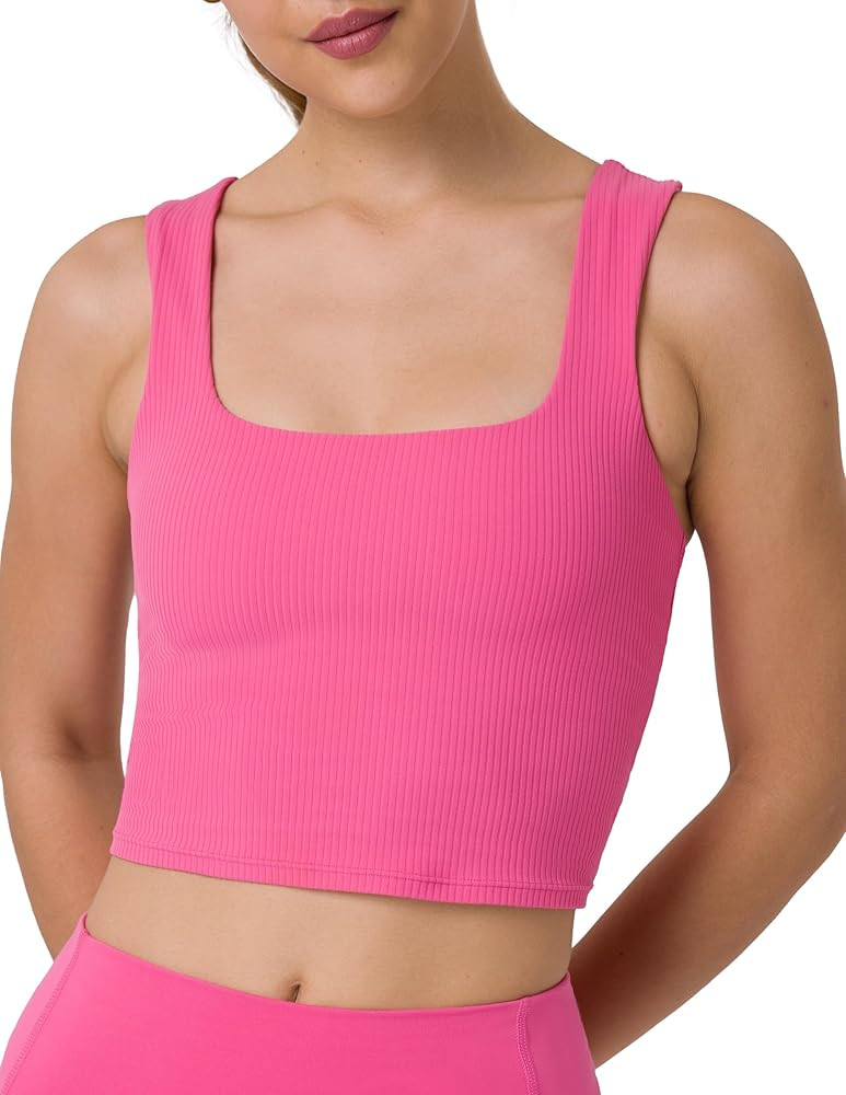 YUNOGA Womens Longline Sports Bra Square Neck Ribbed Yoga Bra Workout Crop Tank Tops with Built i... | Amazon (US)