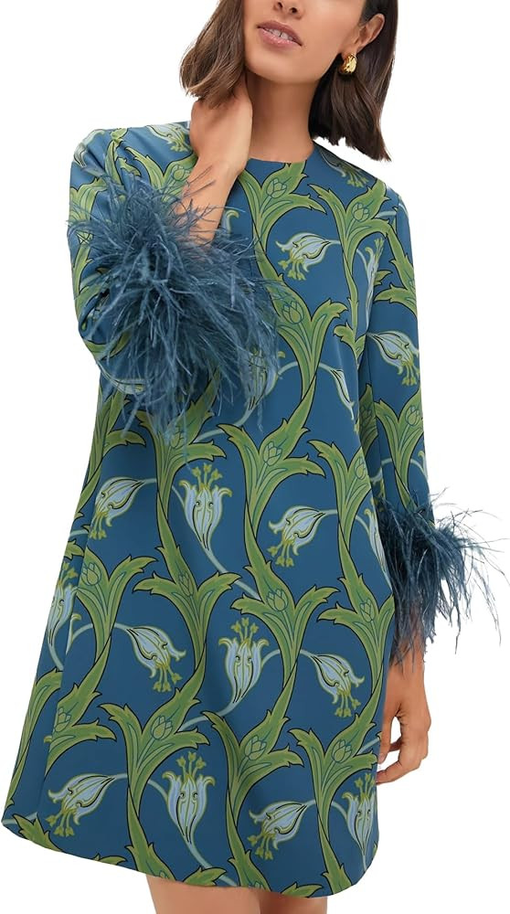 D-Sun Women 3/4 Sleeves Feather Party Dress Round Neck Casual Feather Elegant Wedding Guest Cockt... | Amazon (US)