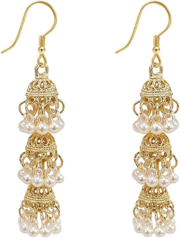 Vintage Triple Jhumki Bell Simulated Pearl Long Tassel Dangle Earrings for Women Delicate Persona... | Amazon (US)