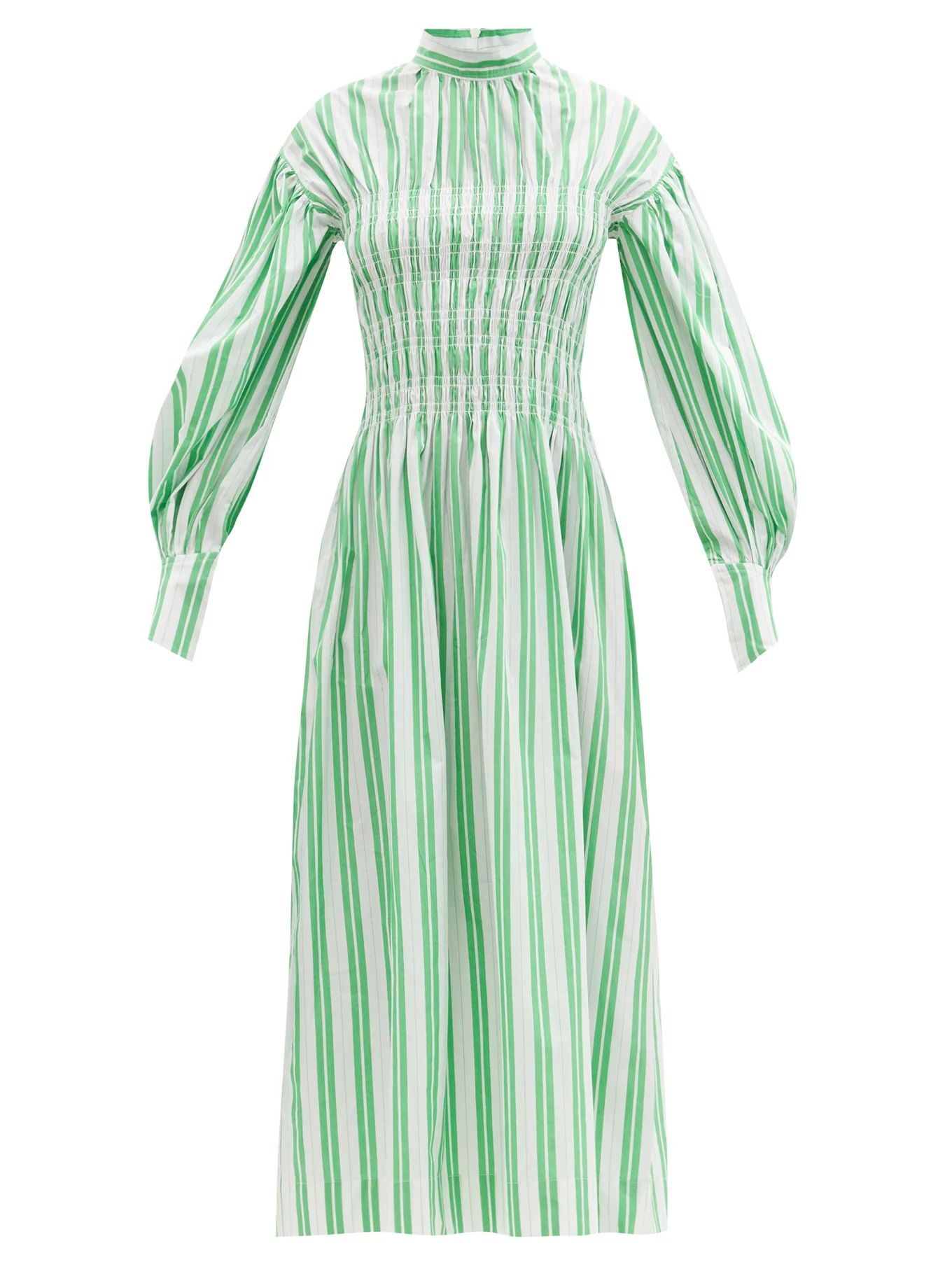 Smocked-bodice striped cotton-poplin midi dress | Ganni | Matches (UK)