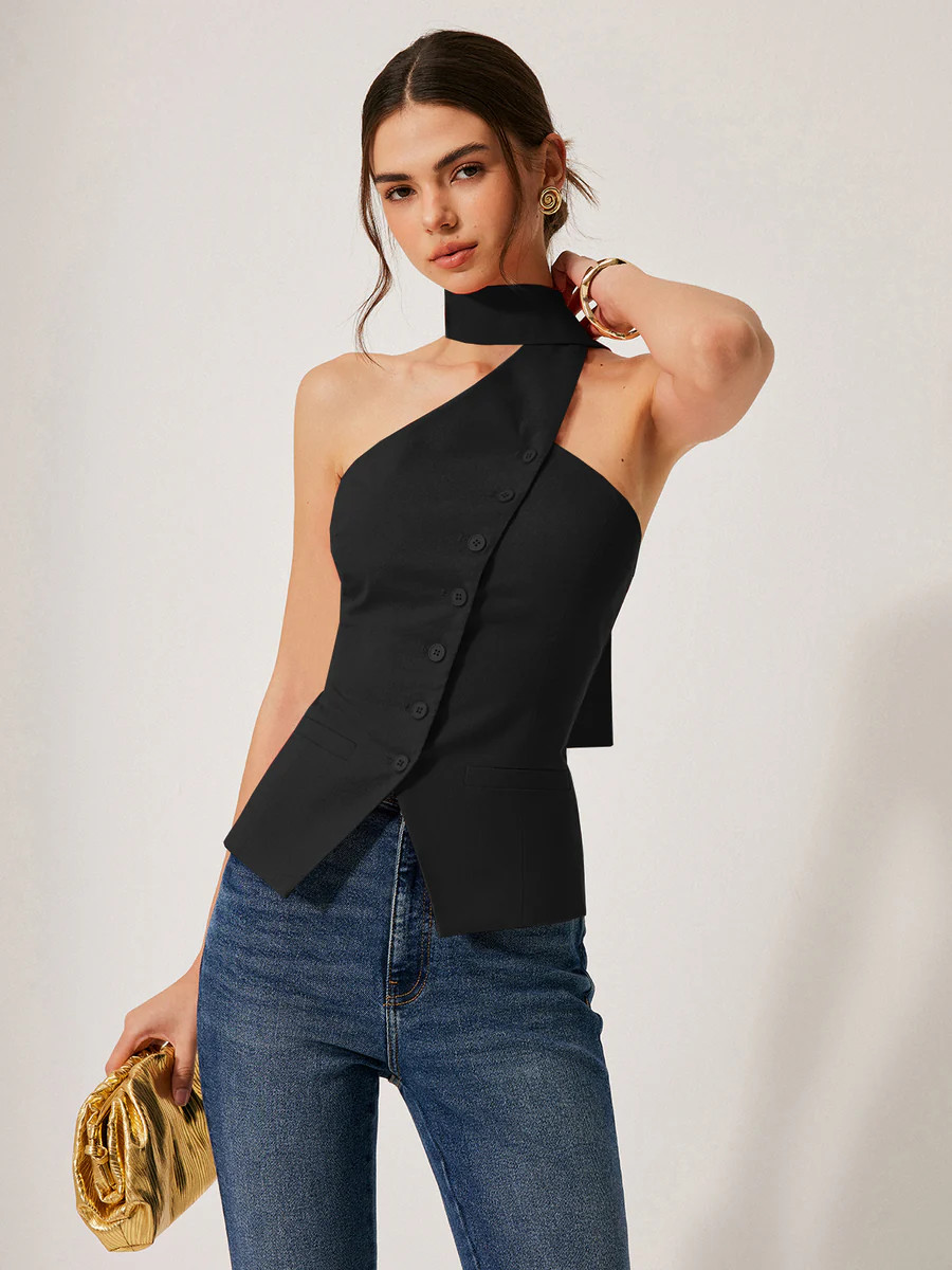 Cotton & Linen Halter Top With Decor Pockets | Commense