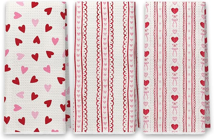 Coquette Pink and Red Heart Valentine's Day Hand Tea Towels for Bathroom Kitchen Decor Set of 3, ... | Amazon (US)