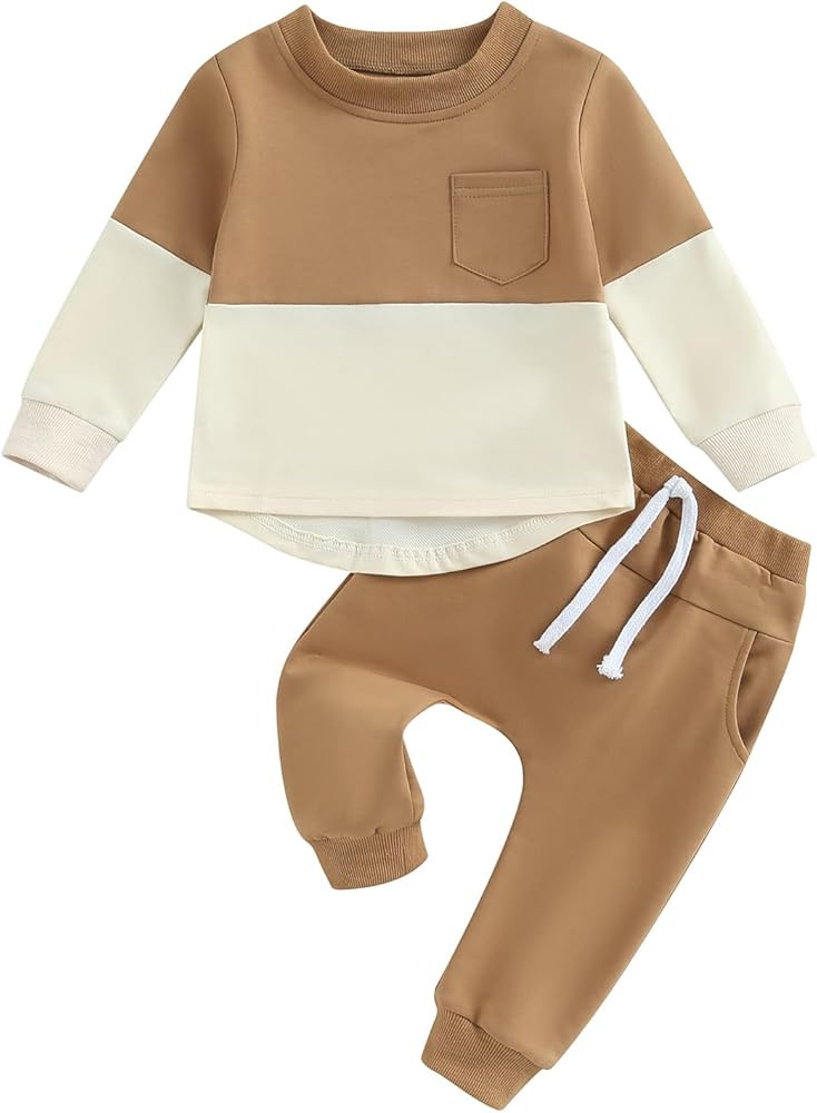 Toddler Baby Boy Outfits Long Sleeve Contrast Color Sweatshirt Solid Pants Autumn Winter Clothes Set | Amazon (US)