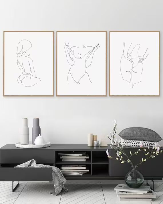 Female Nude Line Art Set of 3 Prints, One Line Art Print, Modern Minimalist Triptych, Downloadabl... | Etsy (US)