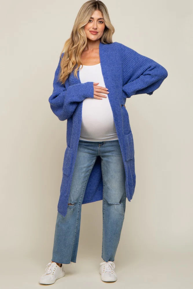 Blue Chunky Waffle Knit Maternity Cardigan | PinkBlush Maternity