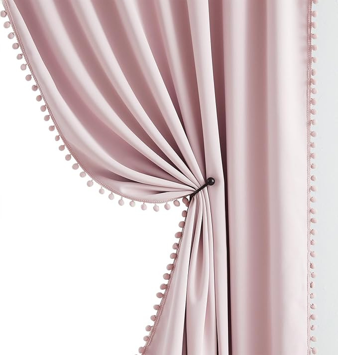 Pom-pom Pink Blackout Curtains for Bedroom 63inch Length Energy Efficient 100% Full Blackout Wind... | Amazon (US)