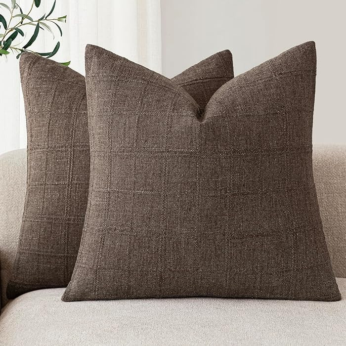 Foindtower Set of 2 Decorative Linen Check Throw Pillow Covers Neutral Farmhouse Vintage Cushion ... | Amazon (US)