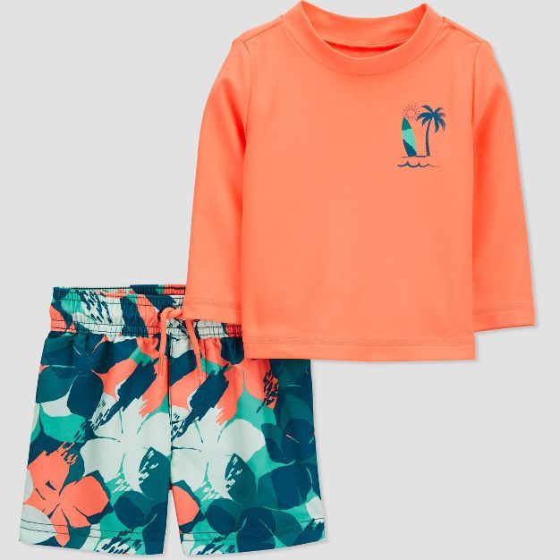 Carter's Just One You® Baby Boys' 2pc Long Sleeve Floral Print Rash Guard Set -Blue/Coral Orange | Target