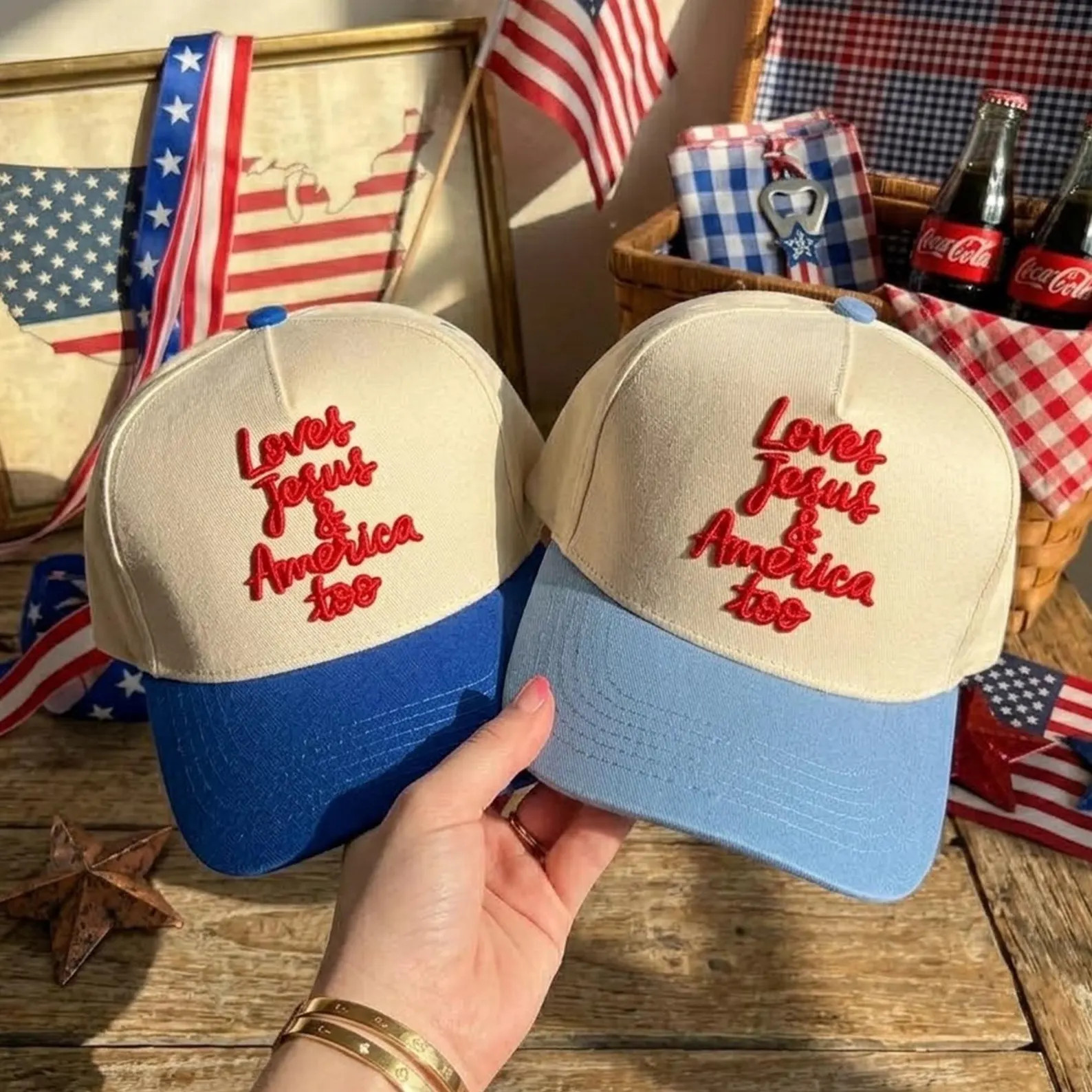 Loves Jesus and America Too 3D Puff Embroidered Hat: Red White Blue Vacation Cap | Etsy (Global)
