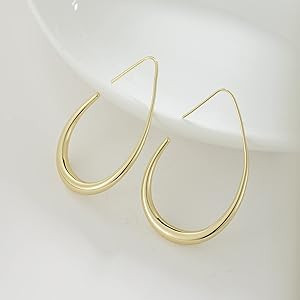 Lightweight Teardrop Hoop Earrings for Women - 14k Gold/White Gold Plated Large Oval Pull Through... | Amazon (US)