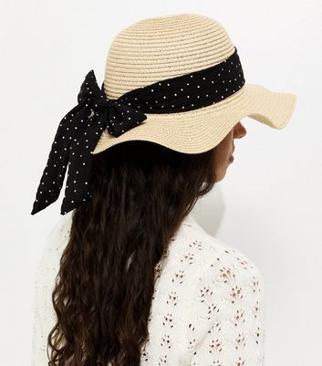 Stone Wavy Brim Straw Hat with Polka Dot Bow New Look | New Look (UK)