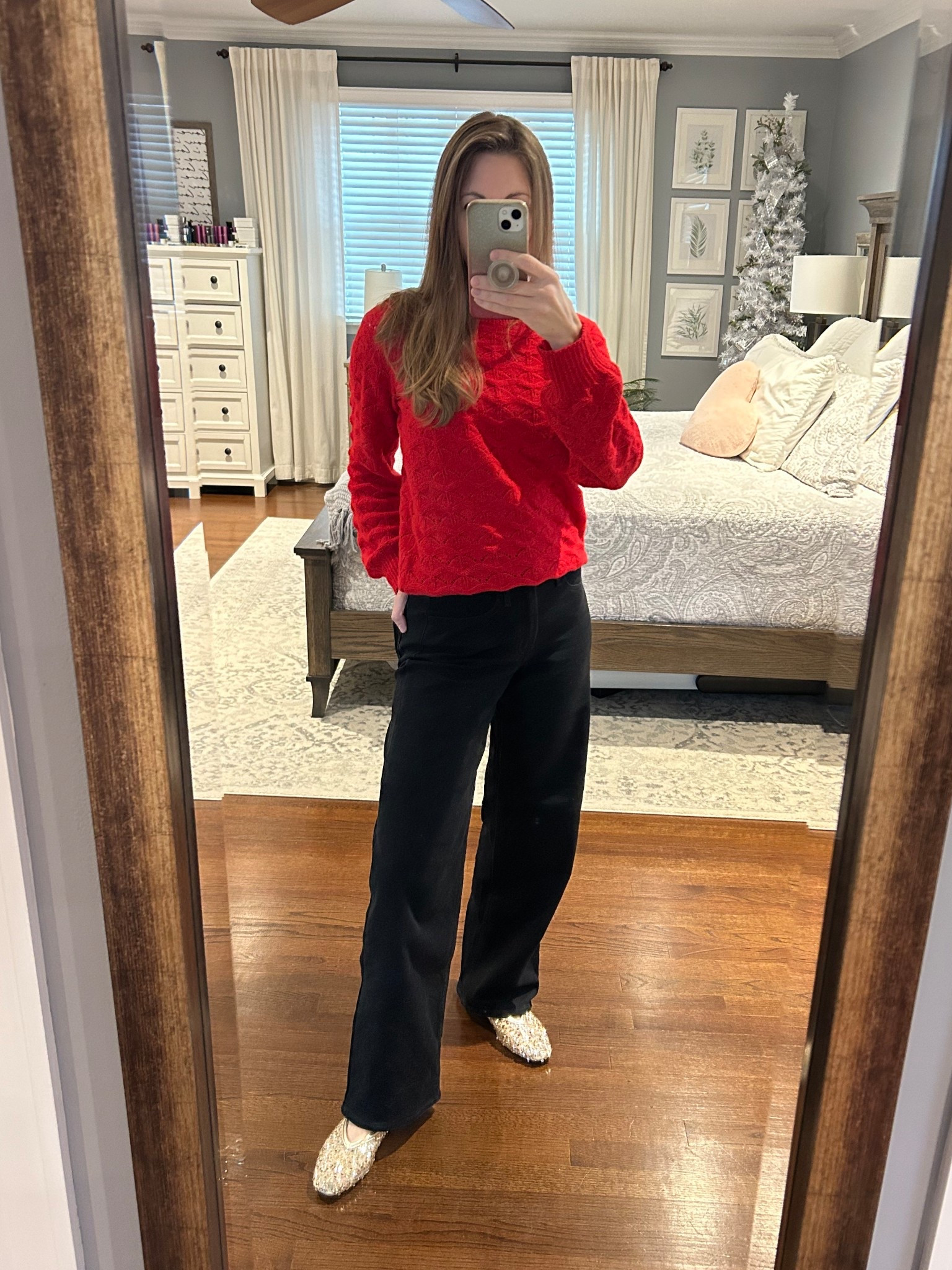 Weekend vibes. I’ve got lots of wrapping on the agenda today. I’m feeling comfy and festive in this beautiful red sweater and black, wide leg pants. The sparkly, gold flats add just the right amount of sparkle. Feeling comfortable and put together. I’ll be wearing this outfit on repeat!

Top: size XS
Denim: size 0 (regular length) in color black jack
Shoes: they run slightly big, but not enough to size up

#LTKOver40 #LTKootd #LTKHoliday