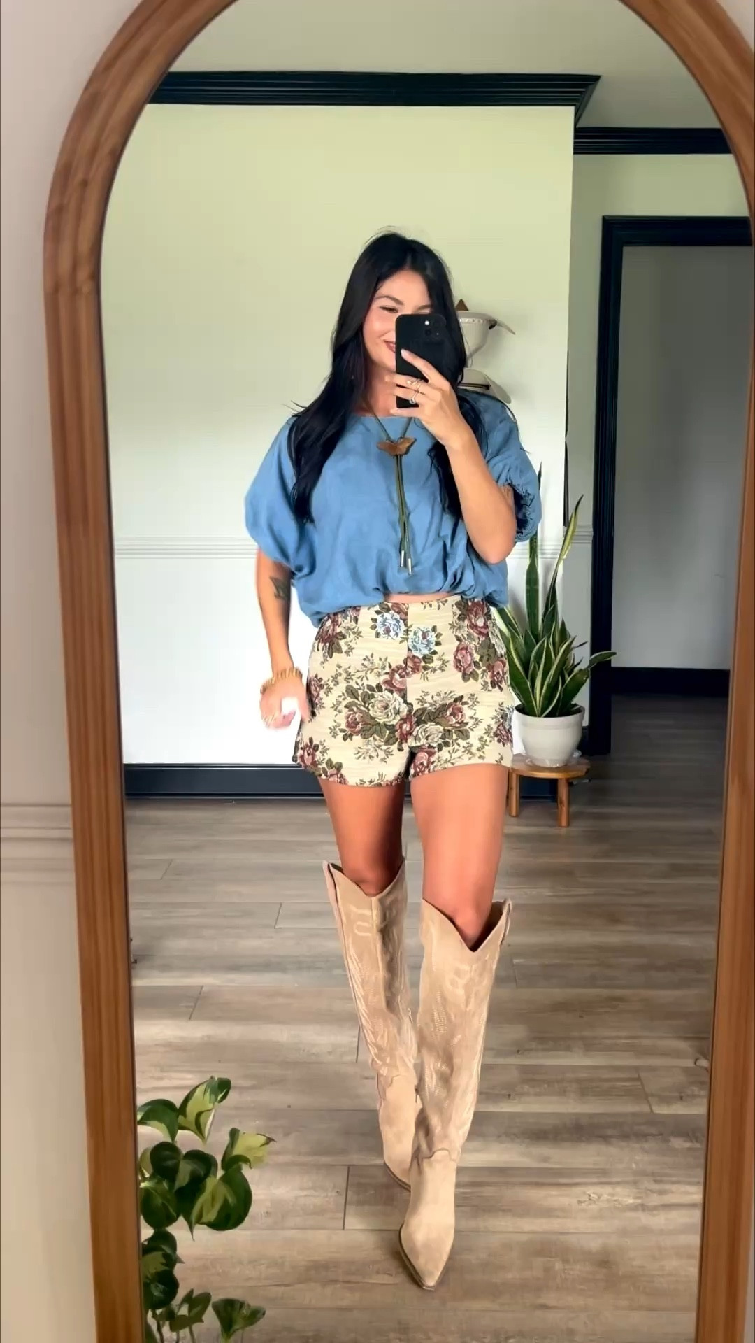 Tapestry shorts paired with cropped chambray top! Wearing small top and xs shorts! Shorts run slightly big. Code LORIG30 to save on shorts and knee high boots 

#LTKgrwm #LTKootd #LTKSeasonal