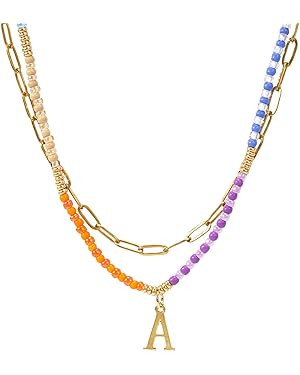 Colorful Initial Charm Stackable Seed Beaded Necklace Choker For Women,Handmade Personalized Rain... | Amazon (US)