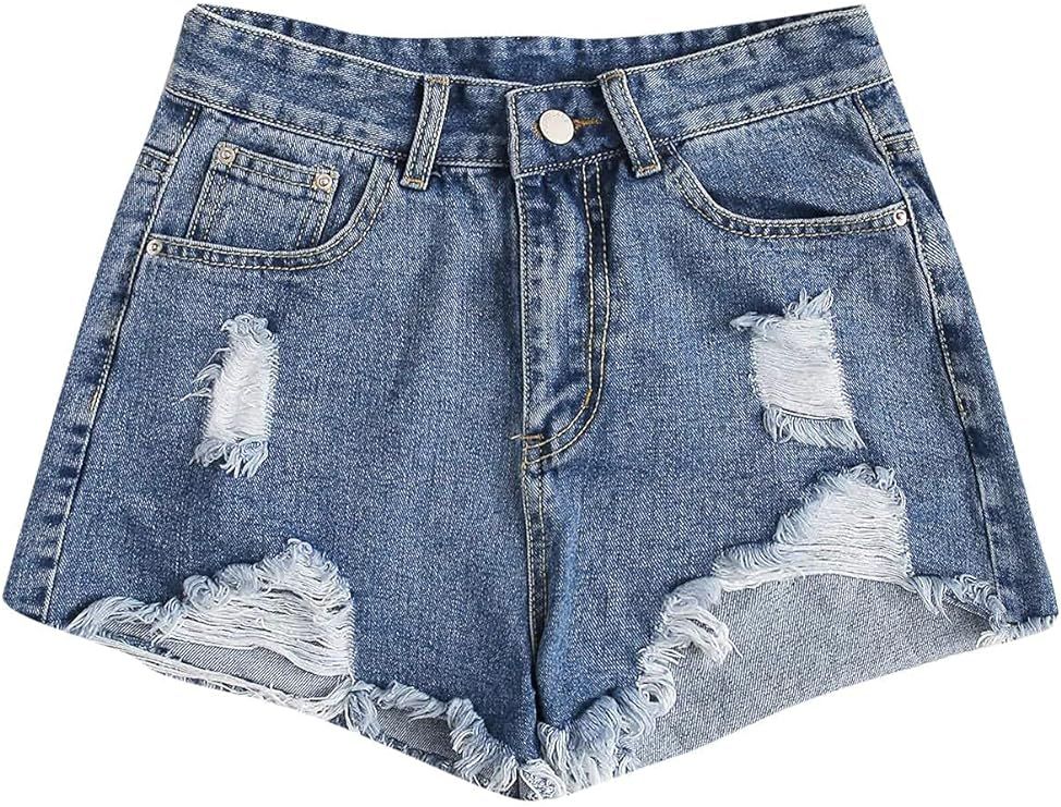 SweatyRocks Women's Summer Denim Shorts Frayed Raw Hem Jeans Shorts | Amazon (US)