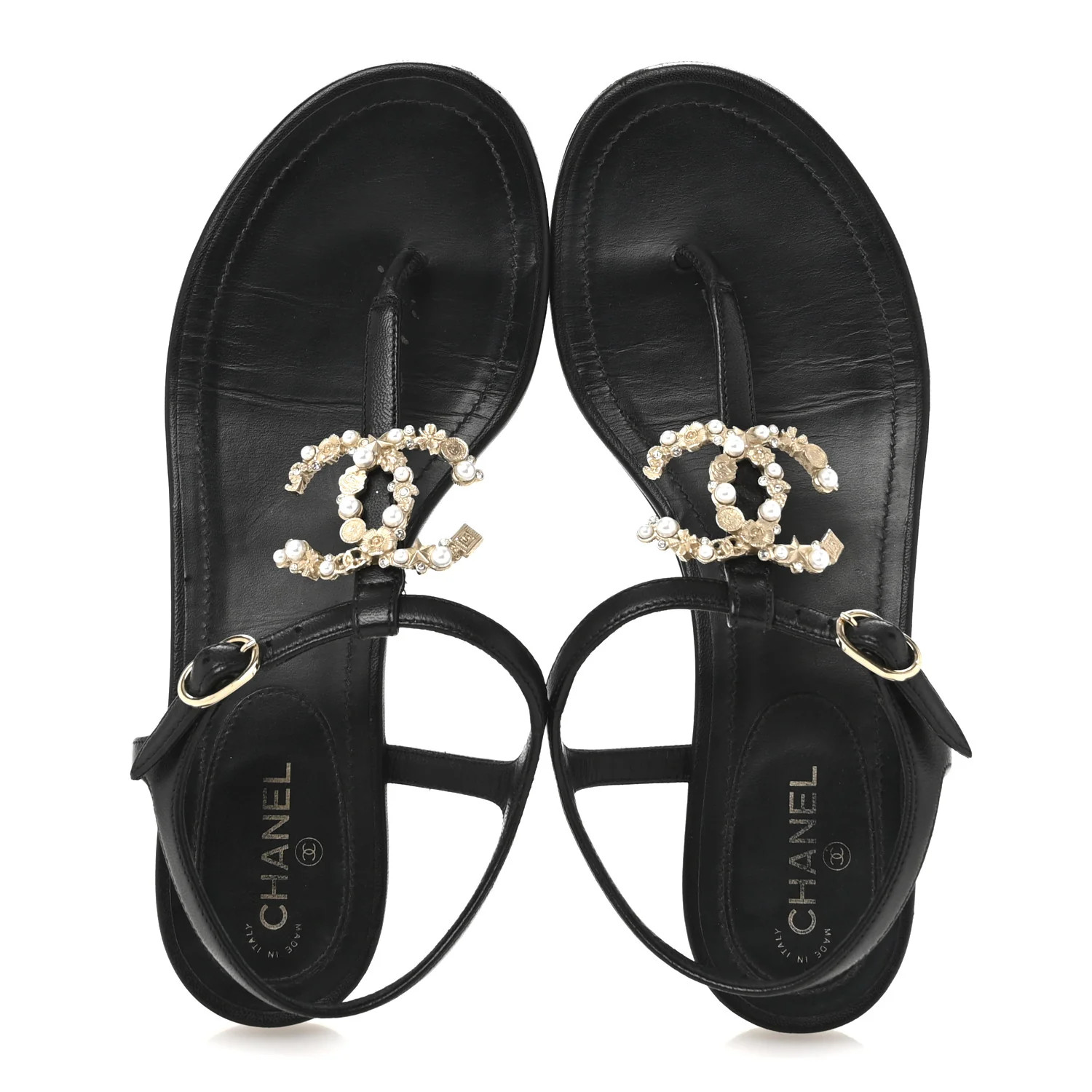 Calfskin Pearl Crystal CC Charm Thong Sandals 36.5 Black | FASHIONPHILE (US)