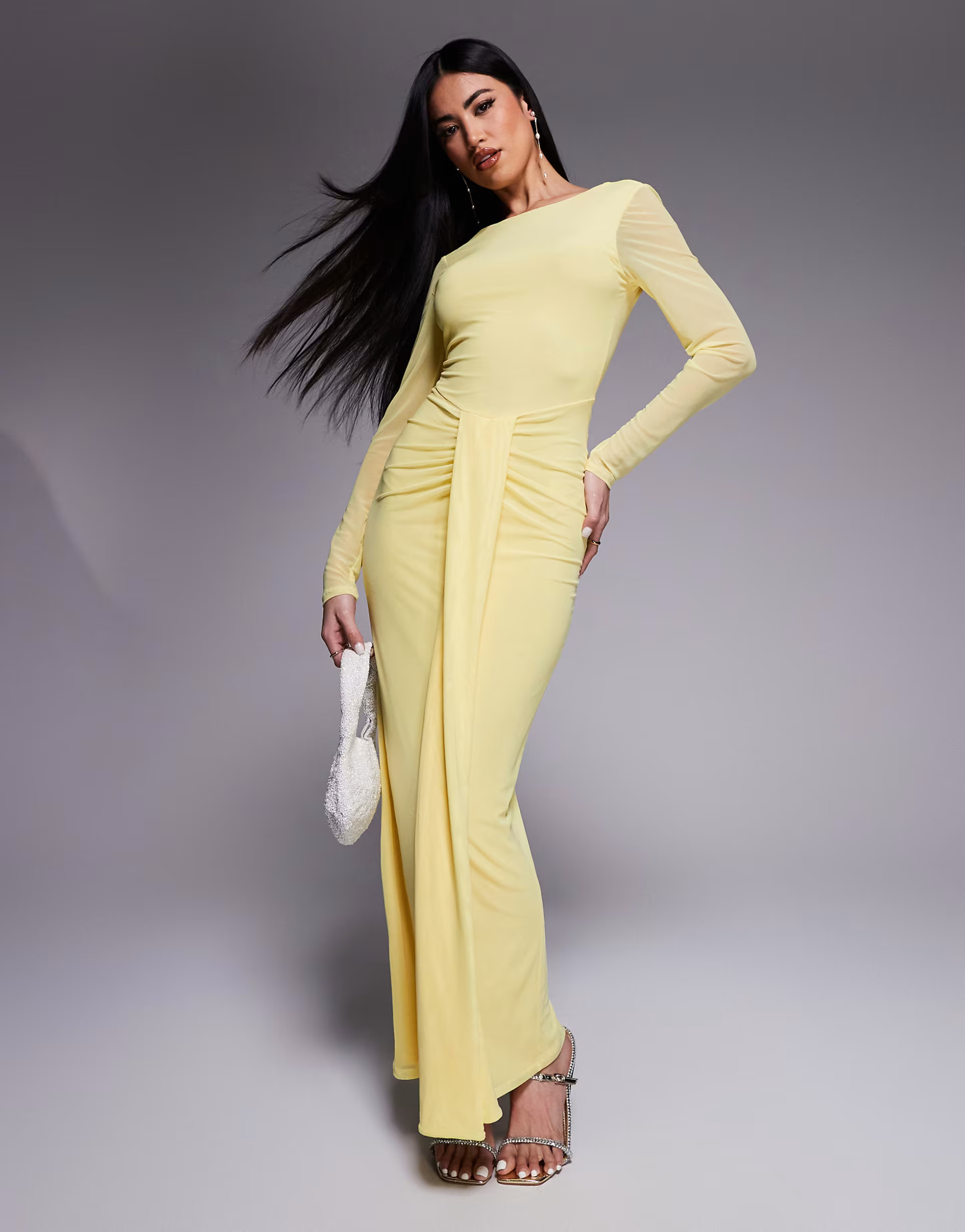 ASOS DESIGN mesh long sleeve slash neck open back maxi dress with sash in pastel yellow | ASOS | ASOS (Global)