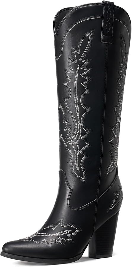 Rollda Knee High Cowboy Boots for Women, Tall Cowgirl Boots, Chunky High Heel Western Boots Point... | Amazon (US)