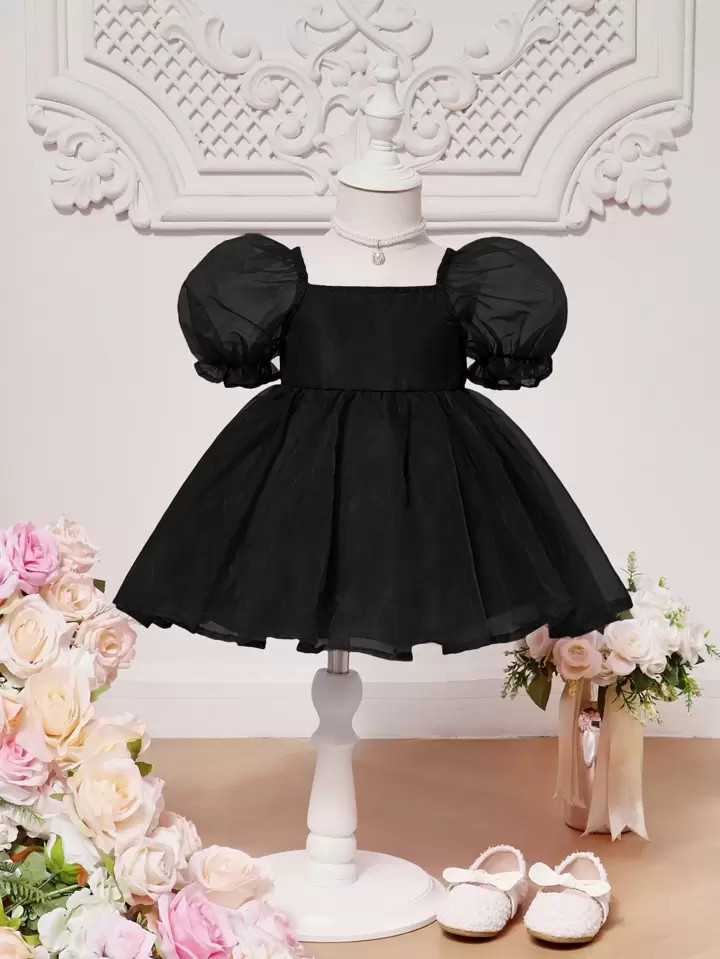 SHEIN Baby Puff Sleeve Mesh Overlay Dress | SHEIN