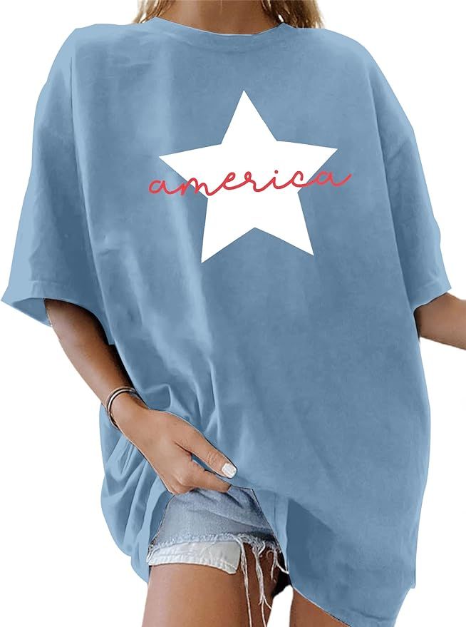 4th of July Oversize Shirts Women American Star Shirt USA Patriotic Tops Funny Patriotic Tee Inde... | Amazon (US)