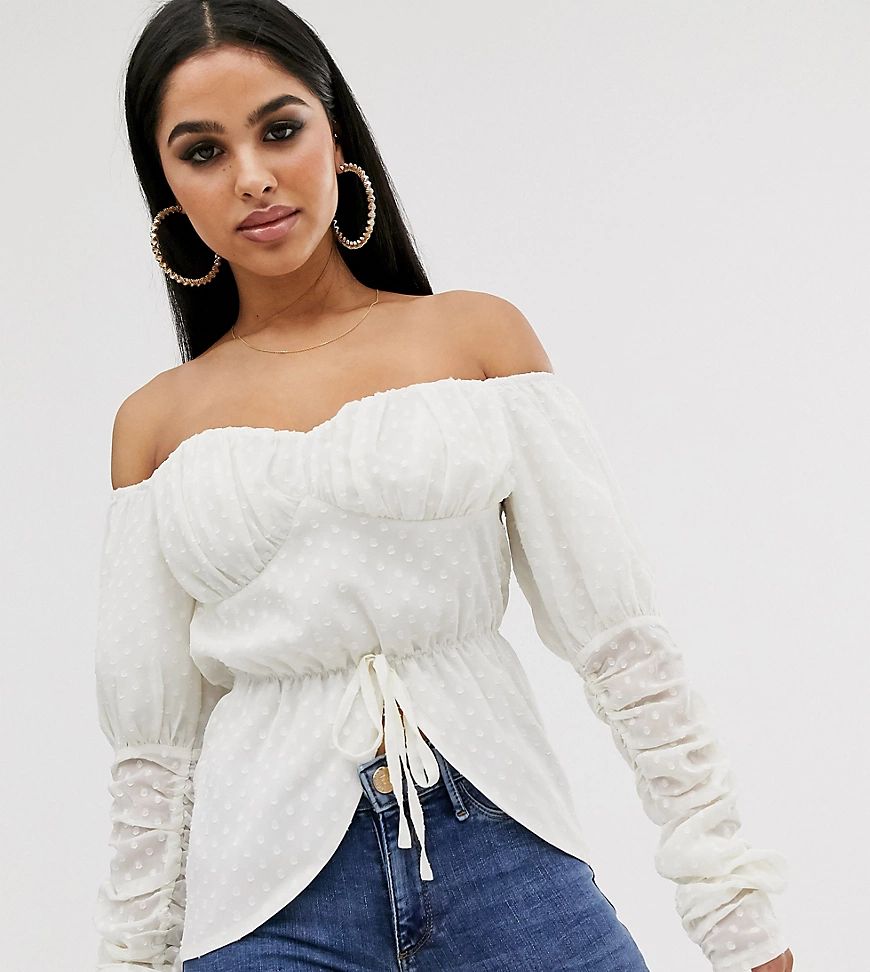 PrettyLittleThing Petite bardot blouse with tie waist and shirred detail in cream dobby | ASOS (Global)