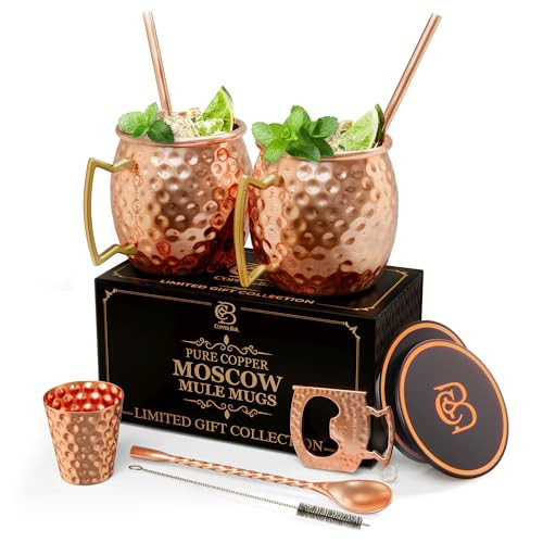 Copper-Bar Moscow Mule Copper Mugs | Set of 2 Hammered Cups | 100% HANDCRAFTED Pure Solid Copper | Gift Set With Cocktail Straws | Shot Glass | Coasters | Copper Stirrer & Beer opener (Black) | Amazon (US)