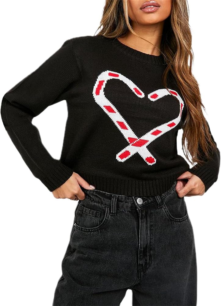 Women Christmas Sweater Sweet Candy Cane Heart Graphic Long Sleeve Crewneck Knitted Pullover 2024... | Amazon (US)