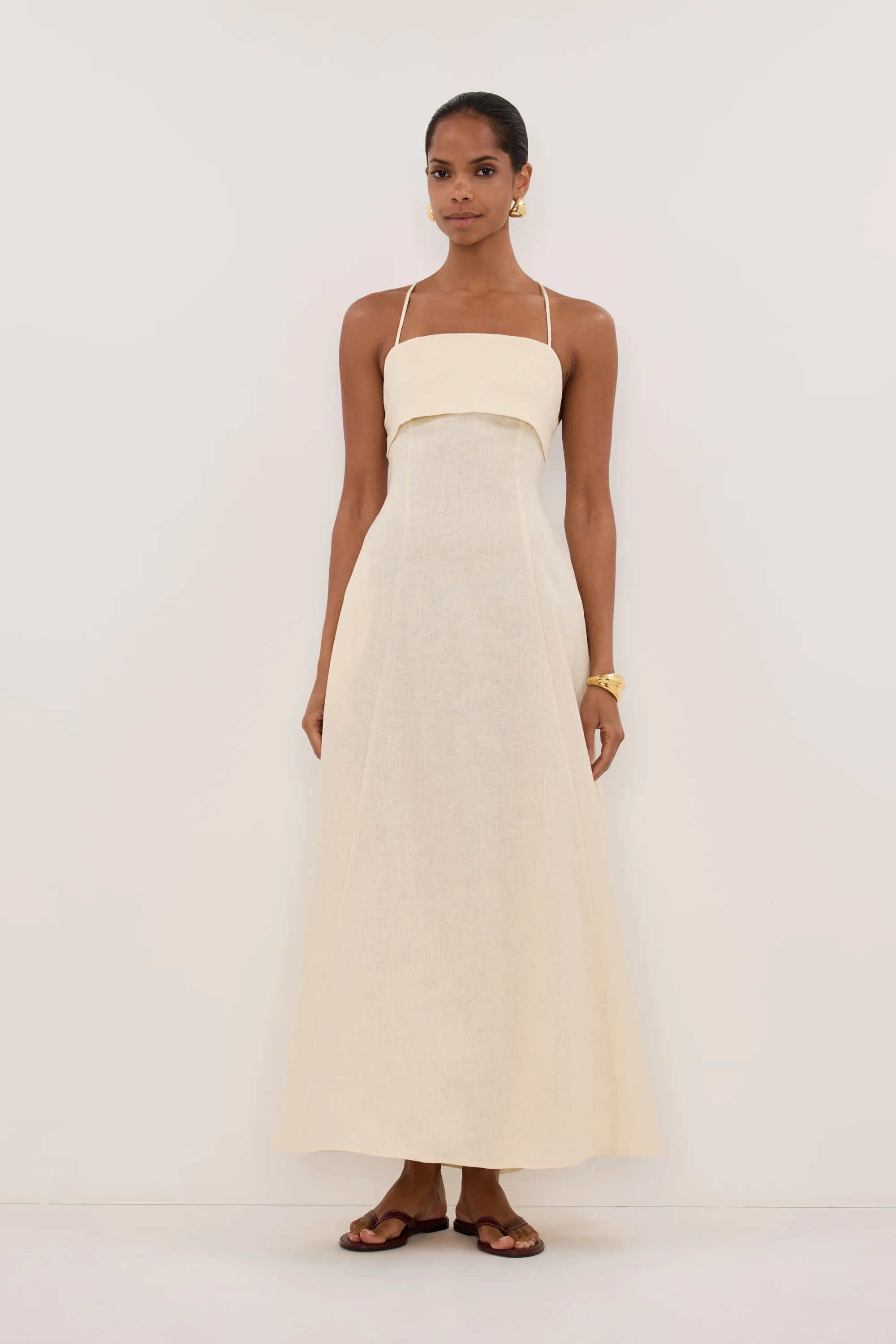 DANIELLA STRAW LINEN TIE BACK MIDI DRESS | DISSH