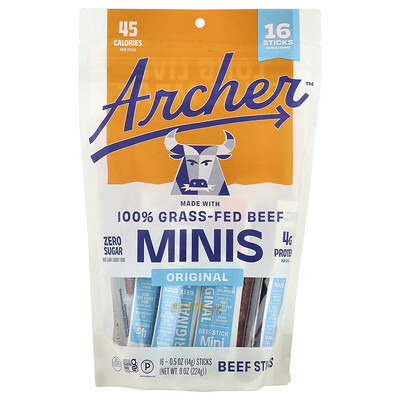Country Archer Jerky, Grass-Fed Beef Sticks Minis, Original , 16 Sticks, 0.5 oz (14 g) Each | iHerb