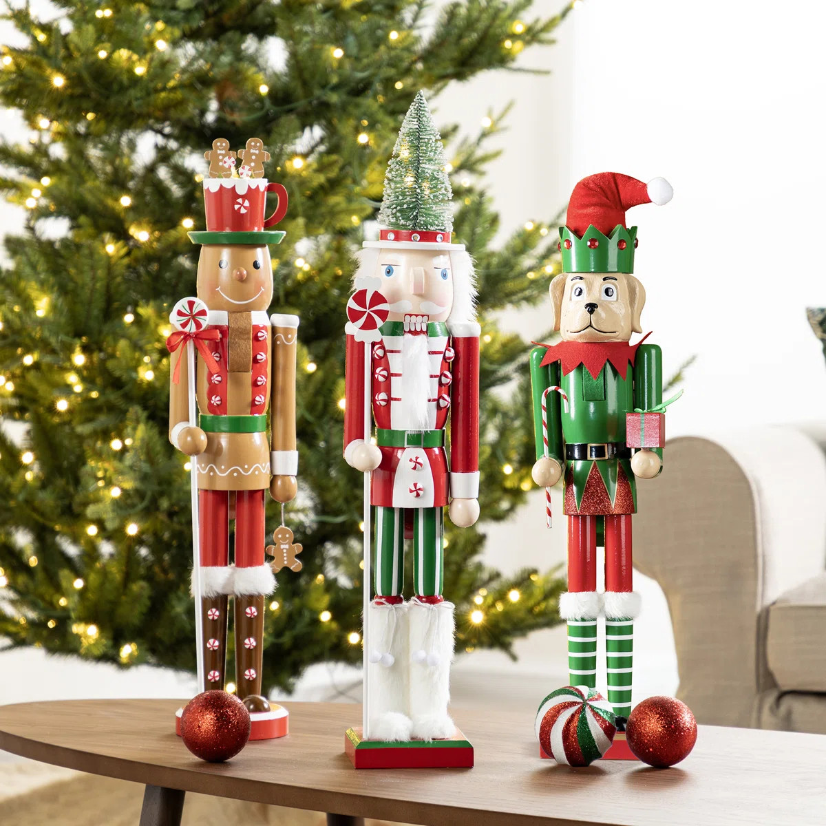 Set Of 3 Wooden Christmas Novelty Pink Cake & Gingerbread Man & Elf Dog Nutcracker (Set of 3) | Wayfair North America
