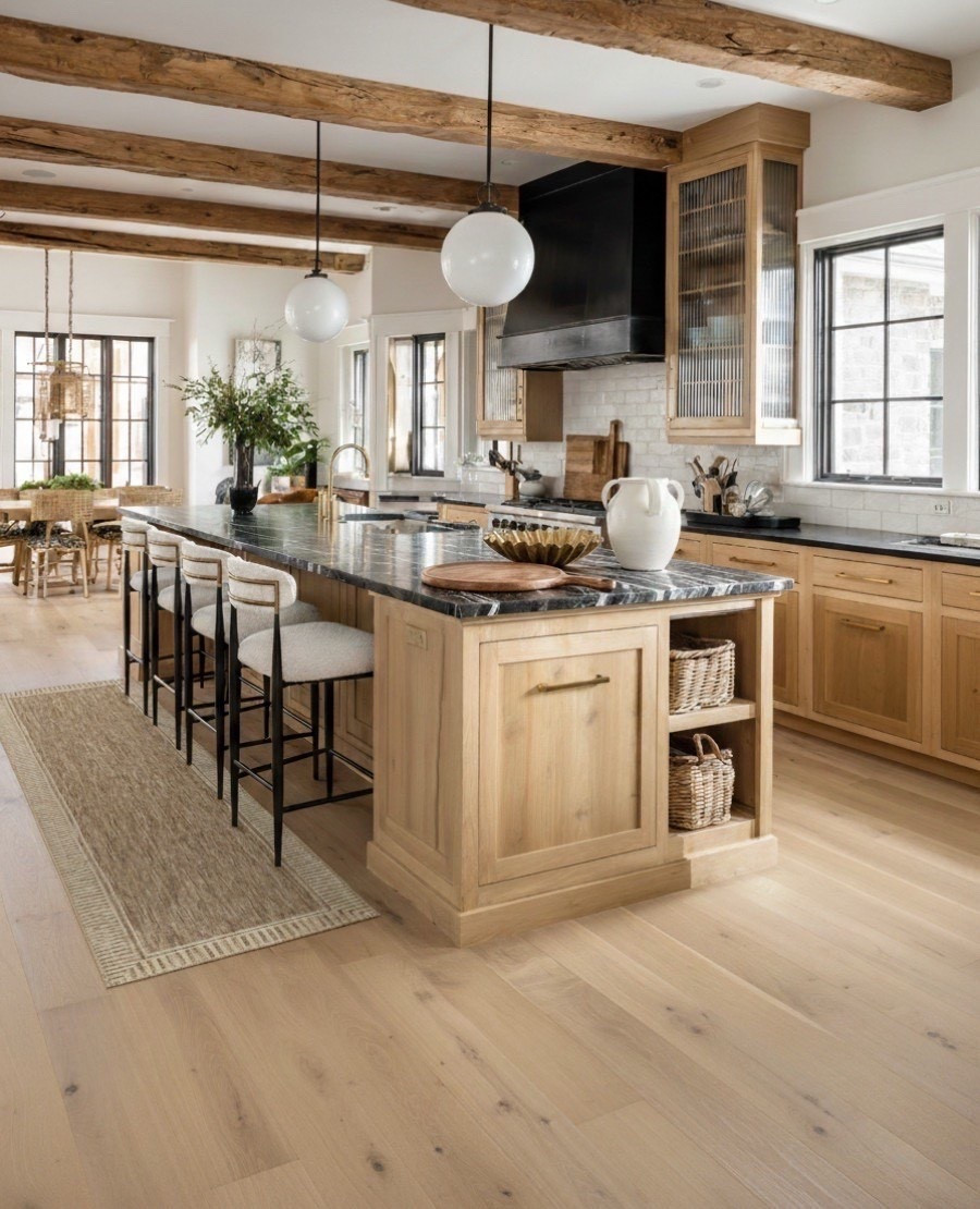 A warm, inviting kitchen that blends natural textures with modern refinement. The light oak cabinetry sets the tone with its soft, organic grain and matte finish, paired beautifully with the rich charcoal and white veined stone countertop that adds depth and quiet drama.

Exposed reclaimed wood ceiling beams introduce an earthy architectural layer that feels cozy and timeless, while the white globe pendants keep the lighting fresh and airy. The contrast between the rustic beams and the clean, modern lighting creates a perfect balance.

Along the island, the upholstered counter stools in soft cream with black metal frames add a structured, contemporary touch without overwhelming the warm palette. The woven baskets tucked into the open shelving bring in texture and natural charm.

The matte black range hood becomes a subtle statement piece, grounding the space alongside the warm-toned subway tile backsplash that adds texture without taking attention away from the cabinetry and stone.

Every detail works together—warm neutrals, natural woods, layered textures—to create a kitchen that feels calm, elevated, and effortlessly livable.

✨ Shop the look:
Light oak cabinetry | Charcoal veined stone island | Cream upholstered stools | Woven storage baskets | White globe pendant lights | Matte black range hood | Warm subway tile backsplash | Natural runner rug | Brass kitchen fixtures 

#LTKSaleAlert #LTKHome