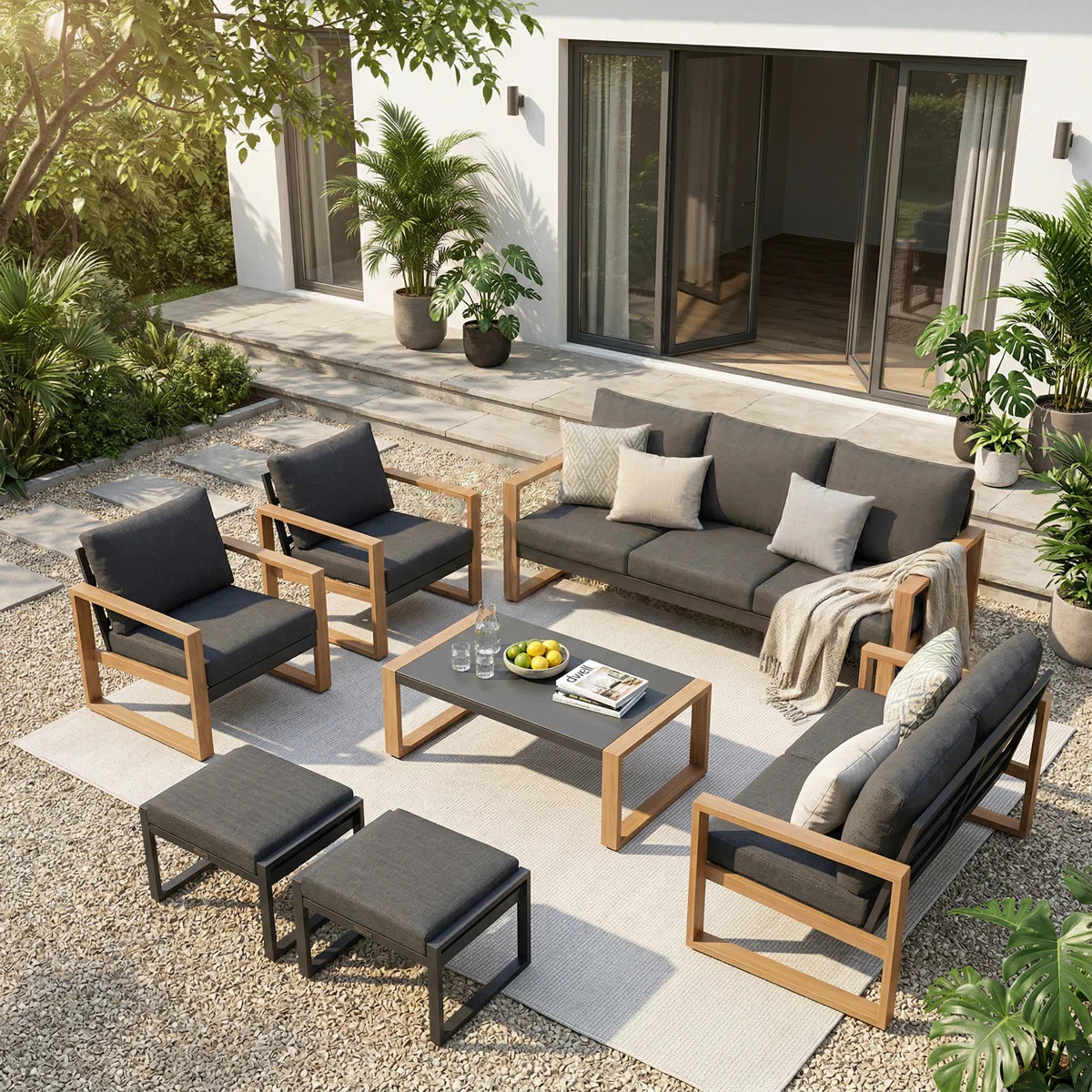 Arunas 7 Person Outdoor Conversation Furniture Set Seating Group With Wood Pattern And Cushions | Wayfair North America