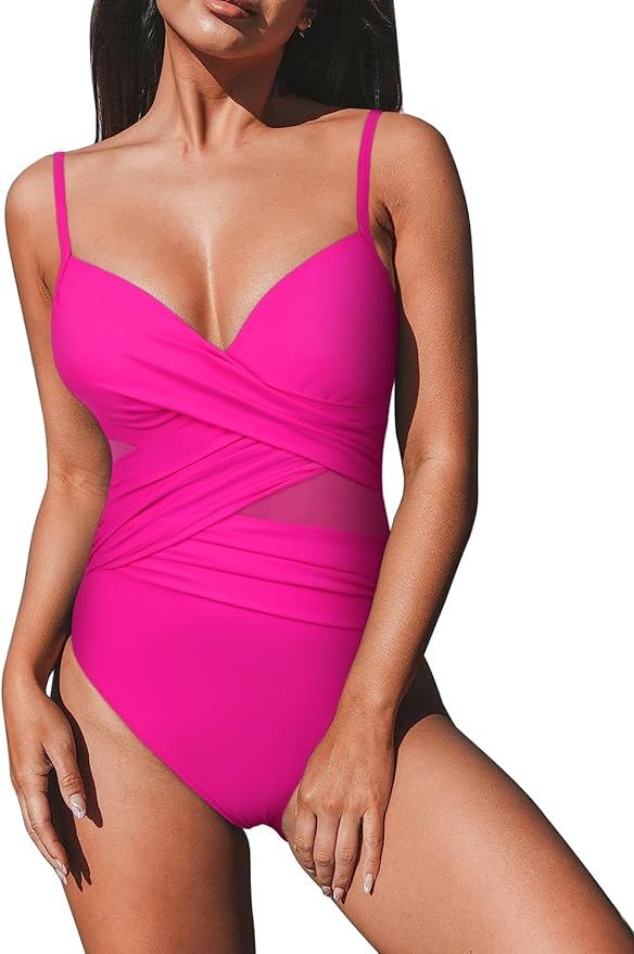 Hilor Women's Tummy Control One Piece Swimsuit Slimming Surplice Mesh Bathing Suit Push Up V Neck... | Amazon (US)