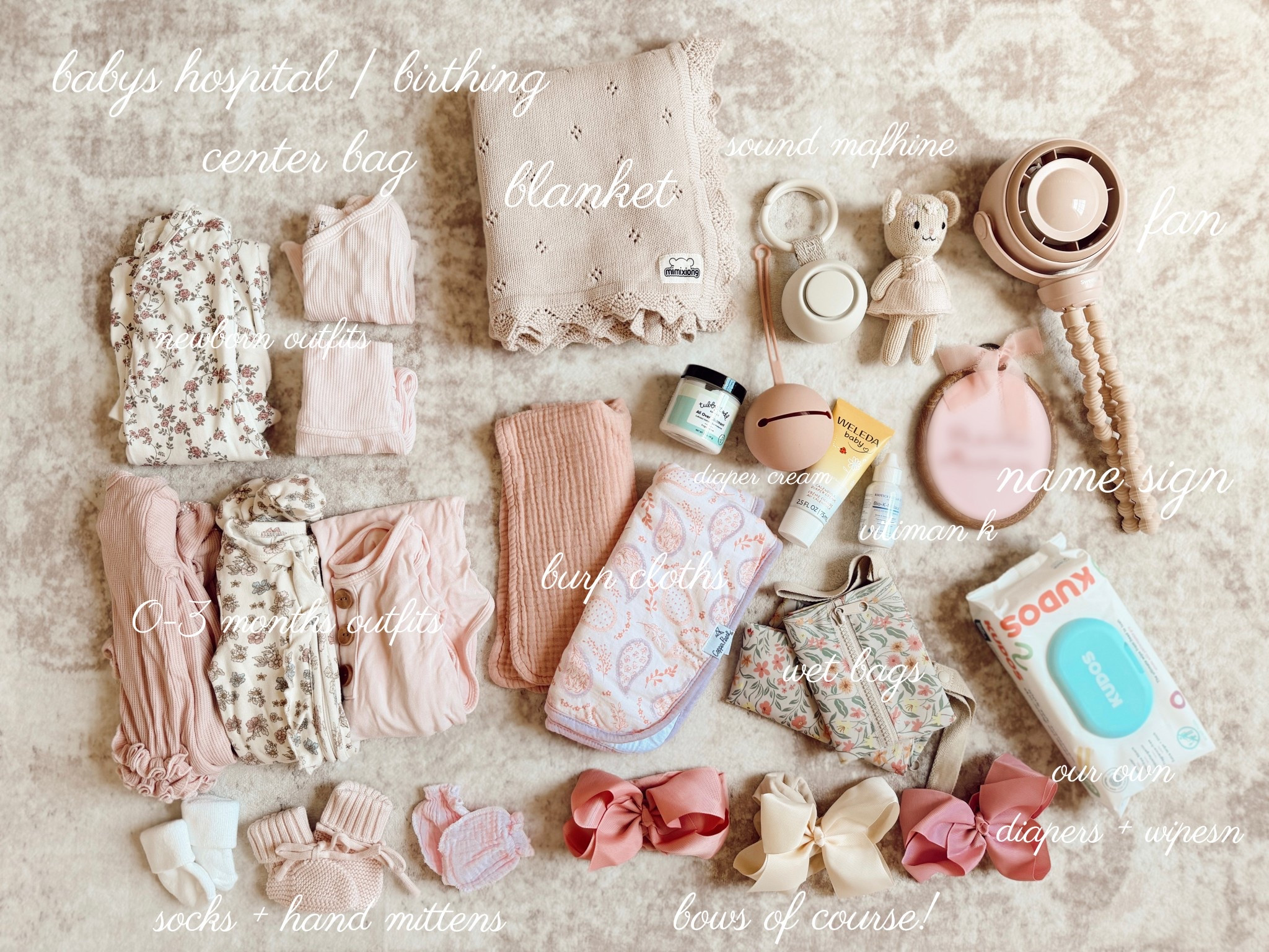 baby girls hospital | birthing center bag | what we are packing for baby girl! 

Packed different size outfits since I don’t do ultrasounds I have no idea how much she will weigh soo we have options on sizing! Newborn + 0-3 months! 🌷✨💓🧸🫧