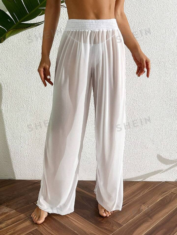 1pc Women's Perspective Cover Up Long Pants With Shirred Waist | SHEIN