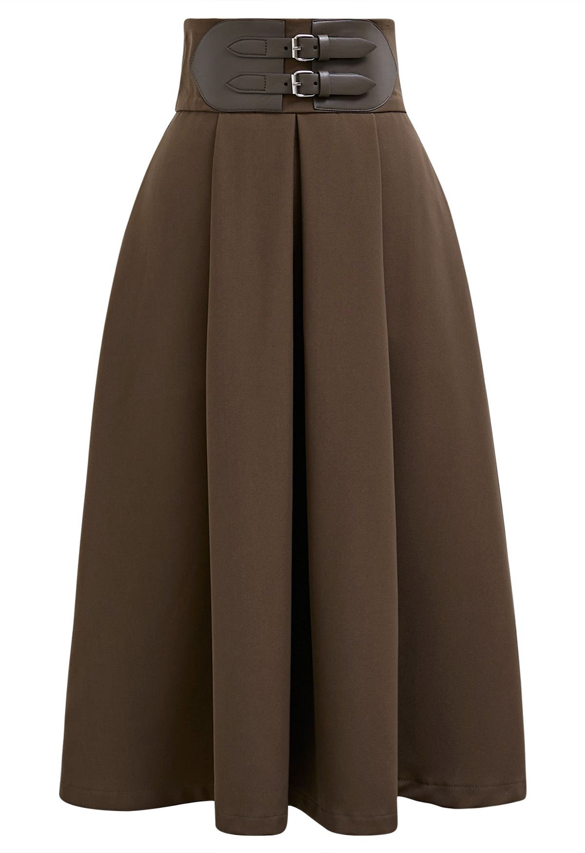 Belt Embellished High Waist Pleated Midi Skirt in Dark Khaki | Chicwish