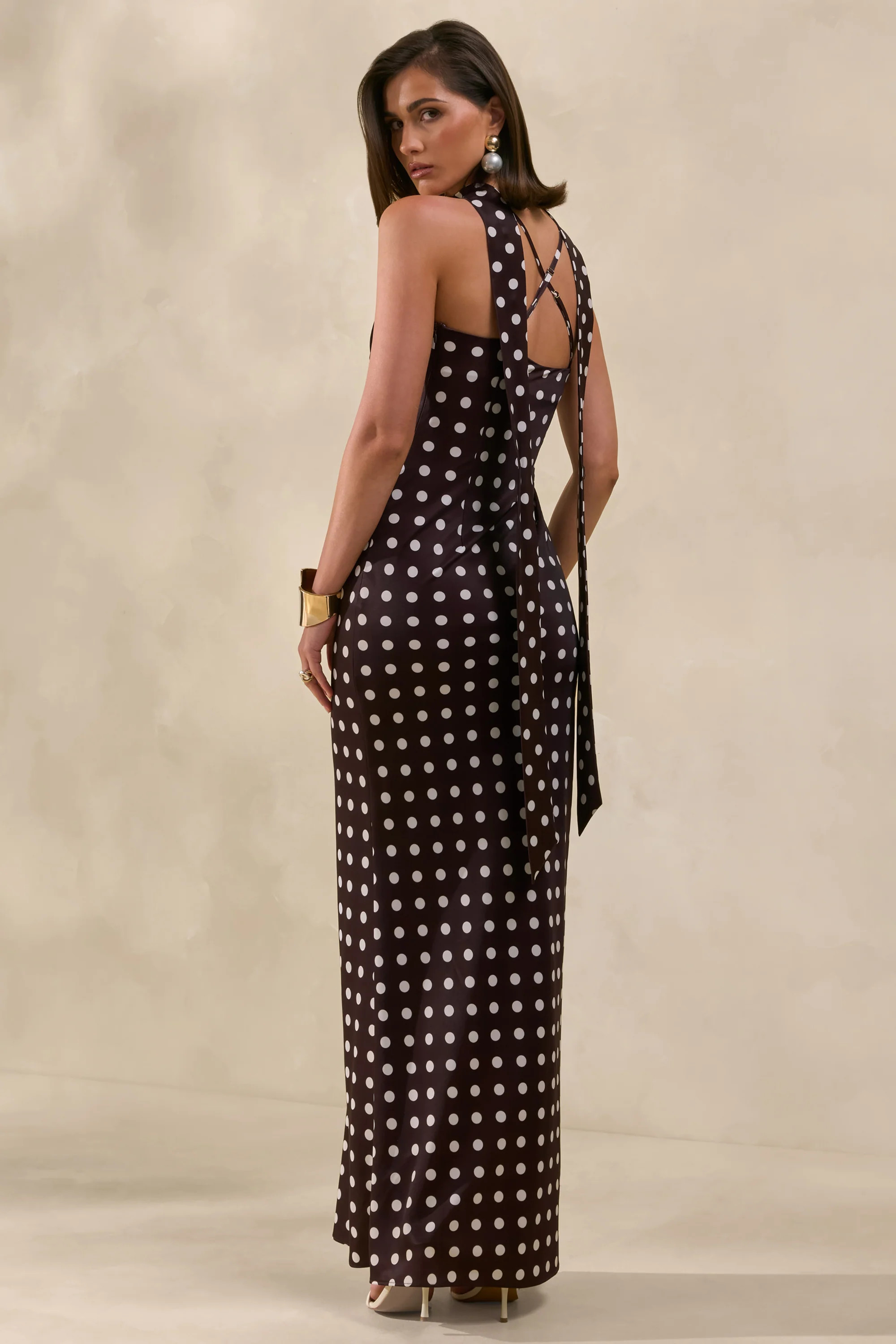 Emaria | Brown Polka-Dot Satin Cowl-Maxi Dress With Scarf | Club L London