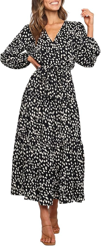 MITILLY Women's Boho Leopard Print Ruffle Long Sleeve V Neck Casual Flowy Party Maxi Dress | Amazon (US)