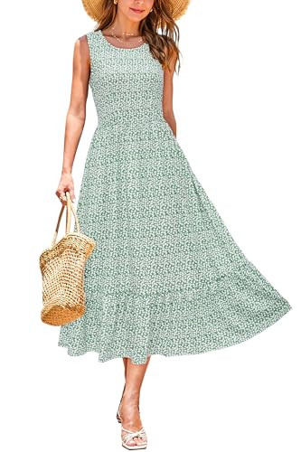 STYLEWORD Women's 2025 Summer Sleeveless Crewneck Maxi Sundress Casual Tiered Flowy Boho Long Beach Dress Vacation Outfits(Light Green Floral,S) | Amazon (US)