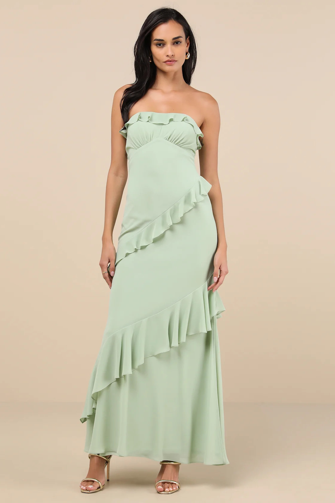 Dramatic Allure Sage Green Ruffled Cutout Strapless Maxi Dress | Lulus