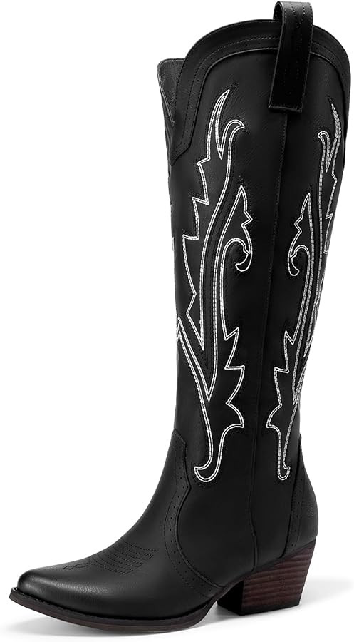 DREAM PAIRS Womens Cowboy Knee High Boots Comfortable Pull On Side Zipper Chunky Heel Embroidered... | Amazon (US)