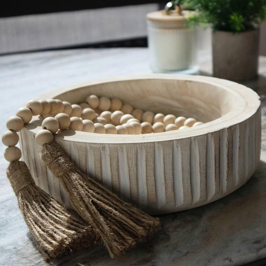 FJ Designs Decorative Bowl Set - Farmhouse Wooden Bowl, Beads Garland | Neutral Home Decor | Coffee  | Amazon (US)