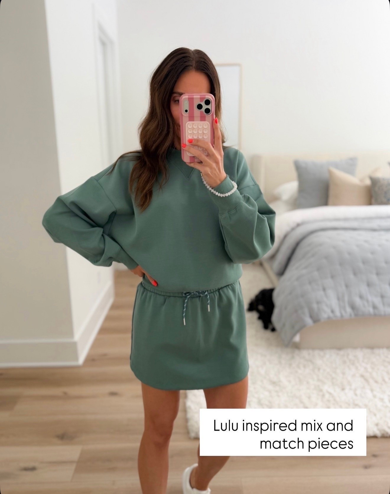 These Lulu inspired mix and match pieces are so good. The oversized sweatshirt and sporty skirt make such a cute set together, but I love that each piece can easily be worn separately too.

matching set, athleisure outfit, sweatshirt outfit, athletic skirt, sporty outfit, casual outfit, mix and match set, lounge outfit, green matching set, fall athleisure, petite style, annabrstyle

#LTKootd #LTKActive #LTKSeasonal