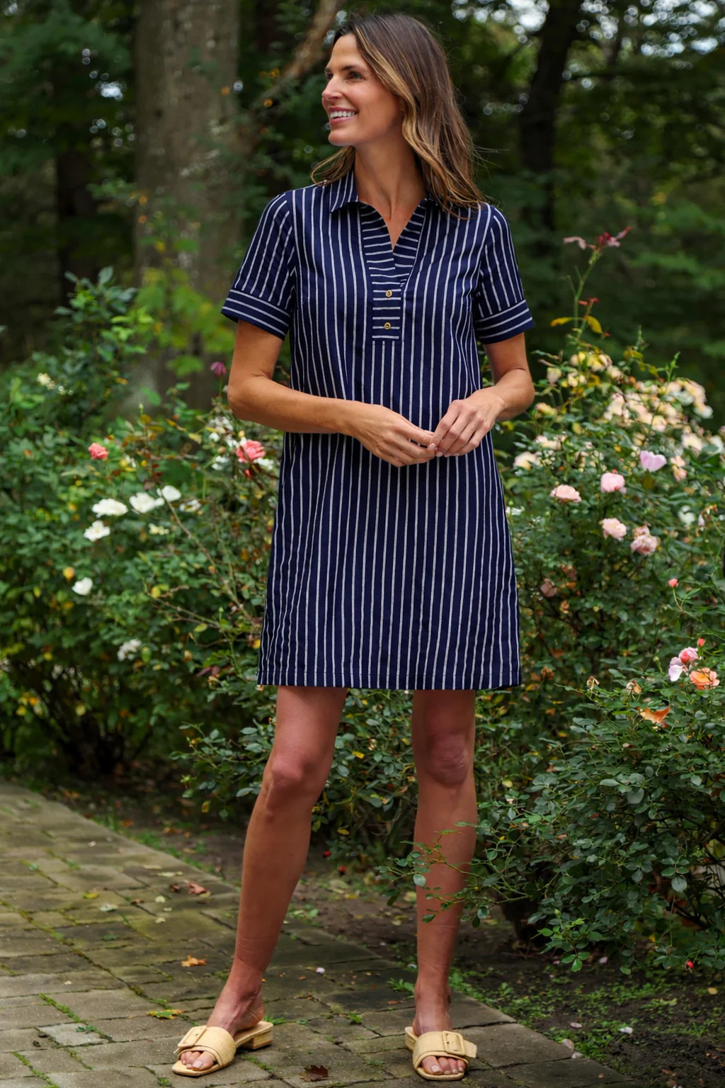 Banks Dress in Navy Linen Stripe | Duffield Lane